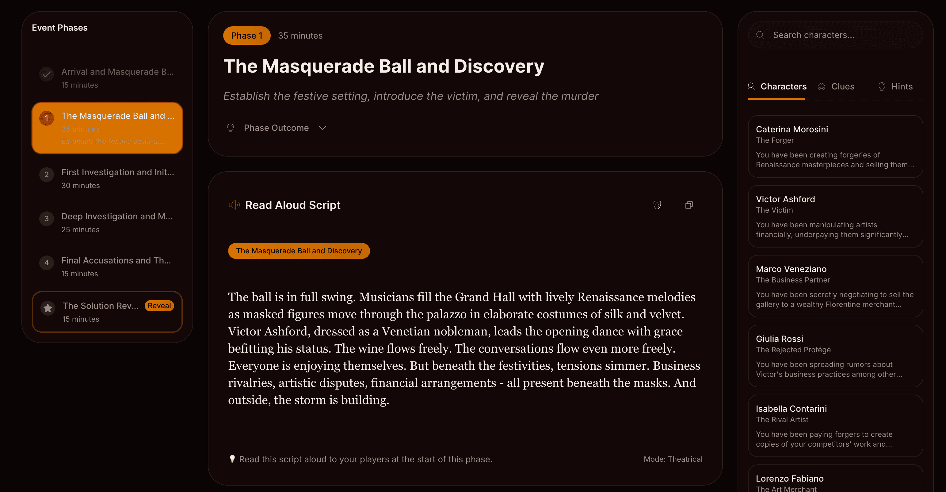 Event Host Controller interface showing phase timeline, read-aloud scripts, and character lookup